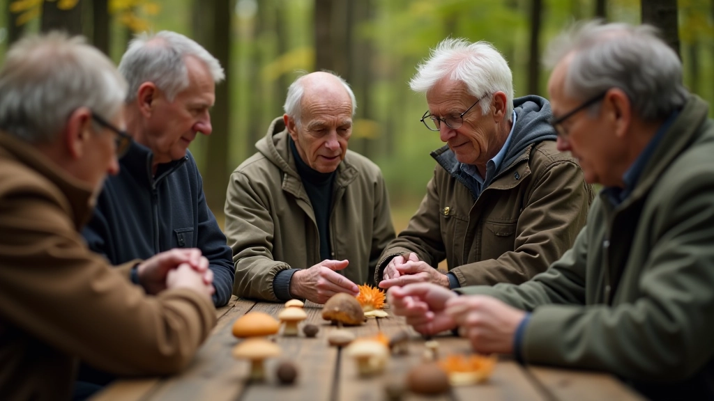Seniori mācības sēņu identifikācijas ar vadītāju Kurzemes mežā